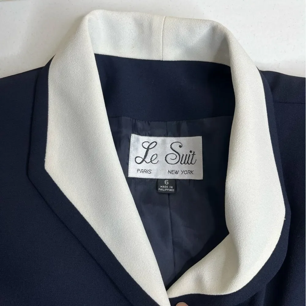 NWT Le Suit Navy Ivory Lapel Blazer Jacket Button Front Fully Lined Women Size 6